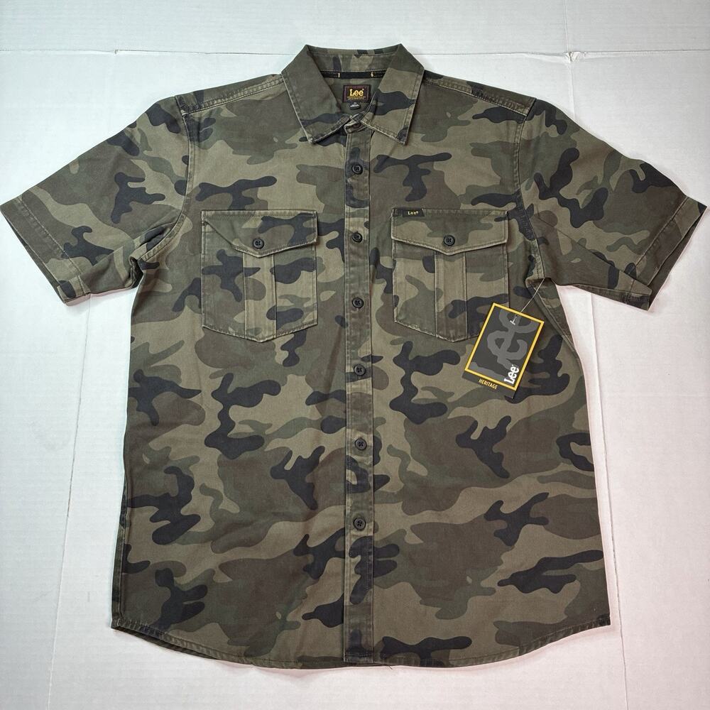 Lee Men's Heritage Short Sleeve Surplus Shirt Size M Medium Olive Camo Cotton